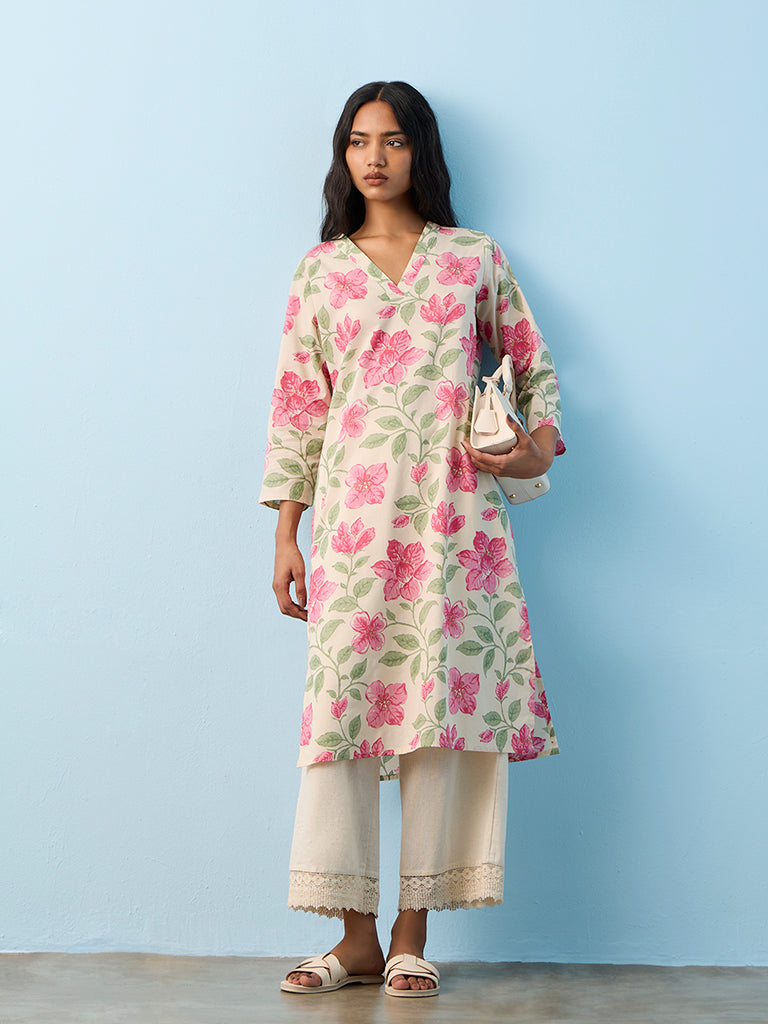 Utsa Off-White Floral Print Cotton Straight Kurta
