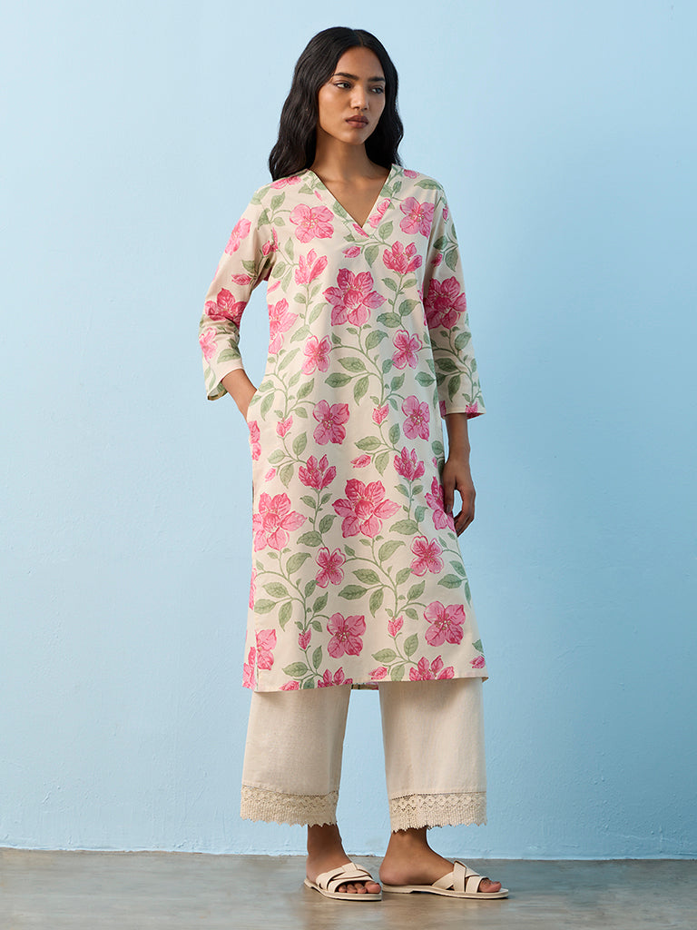 Utsa Off-White Floral Print Cotton Straight Kurta