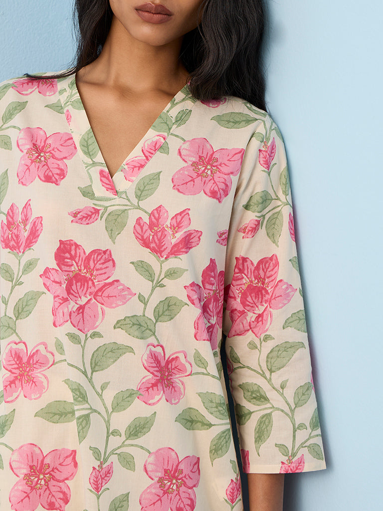 Utsa Off-White Floral Print Cotton Straight Kurta