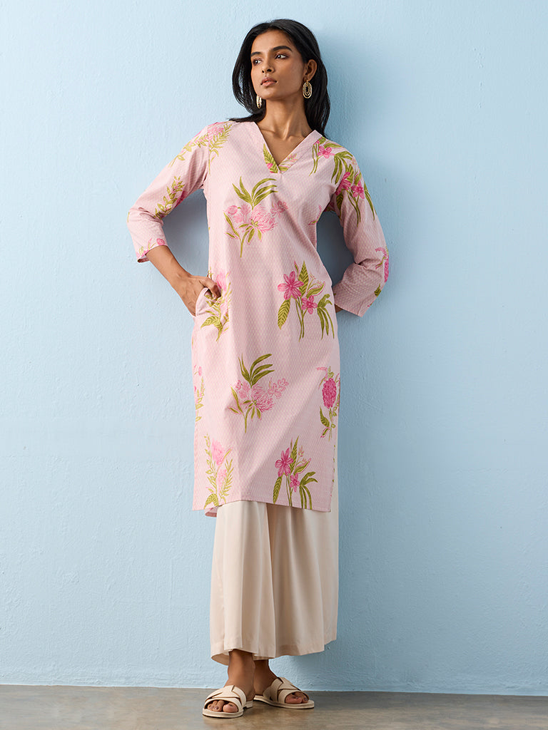 Utsa Pink Floral Pattern Cotton Straight Kurta