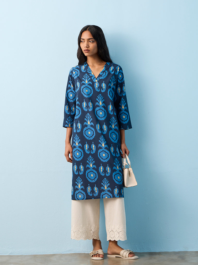 Utsa Navy Pineapple Printed Cotton Straight Kurta