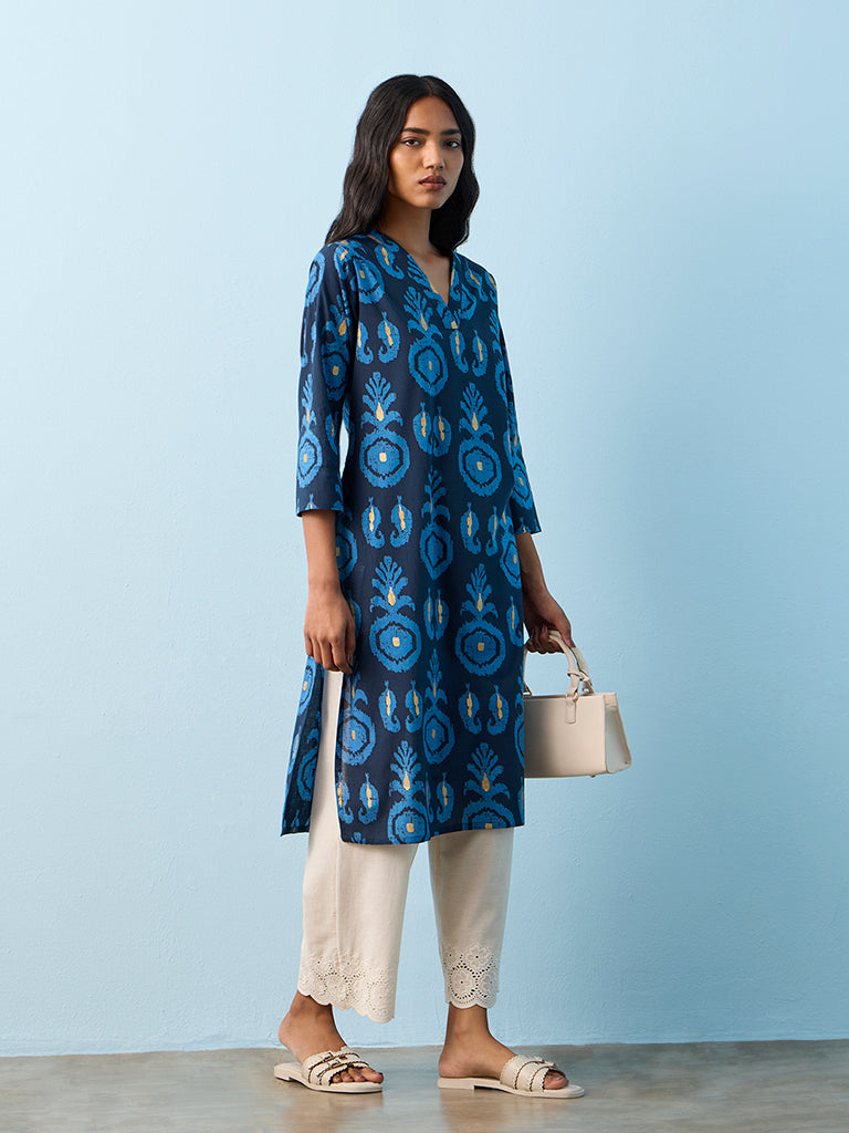 Utsa Navy Pineapple Printed Cotton Straight Kurta