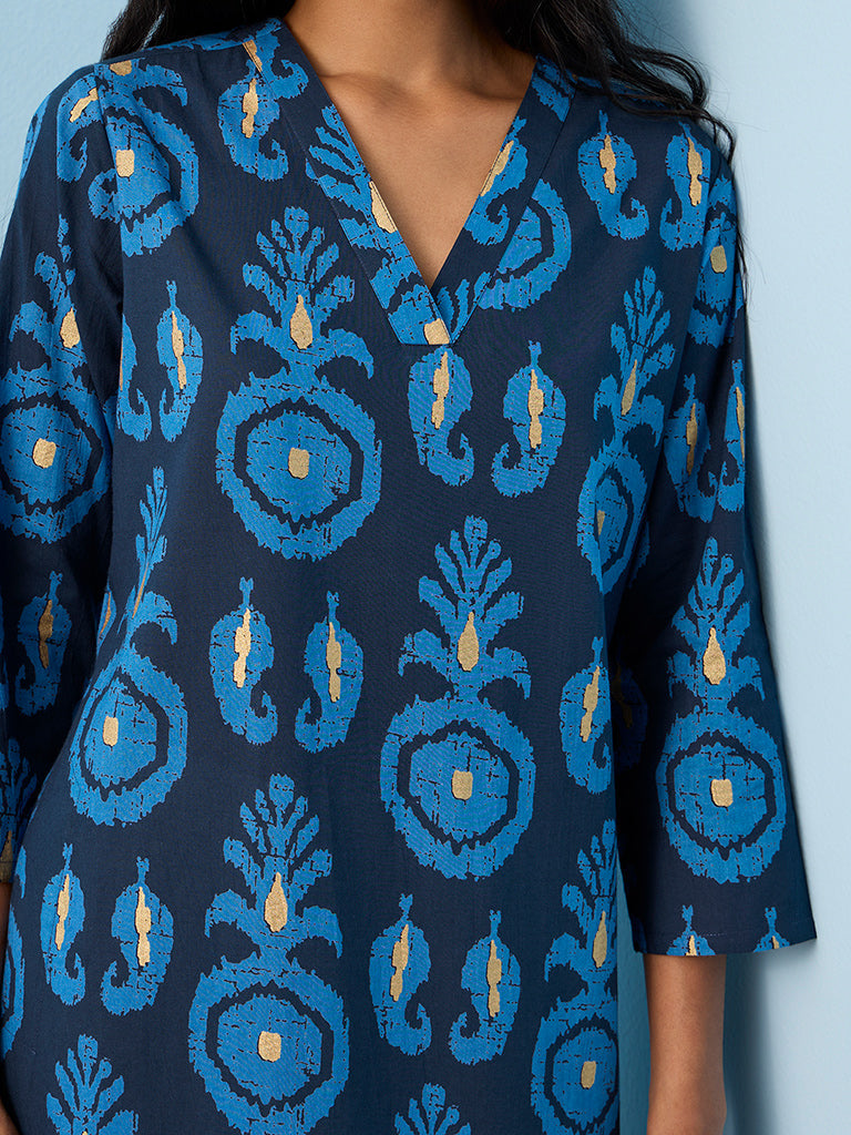 Utsa Navy Pineapple Printed Cotton Straight Kurta