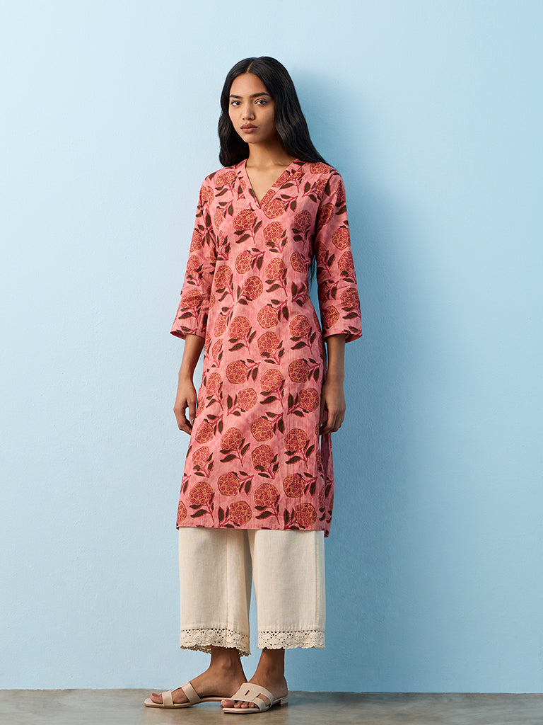 Utsa Peach Botanical Printed Cotton Straight Kurta