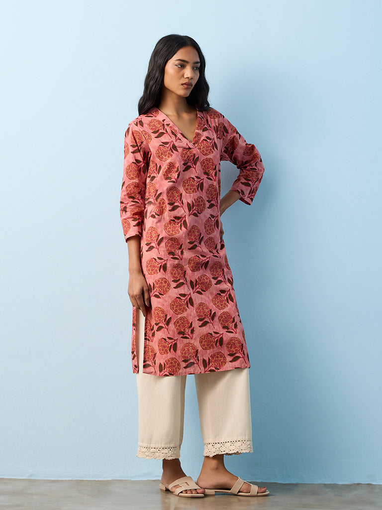 Utsa Peach Botanical Printed Cotton Straight Kurta