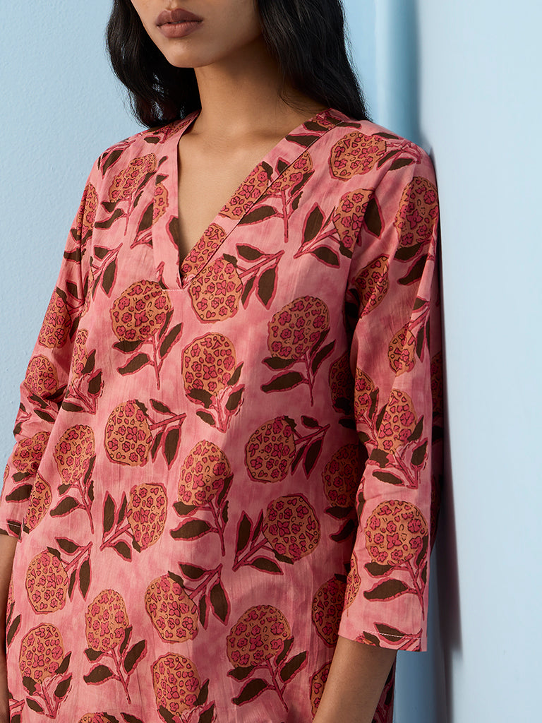 Utsa Peach Botanical Printed Cotton Straight Kurta