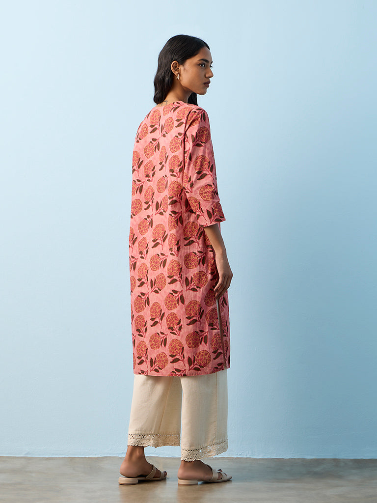 Utsa Peach Botanical Printed Cotton Straight Kurta