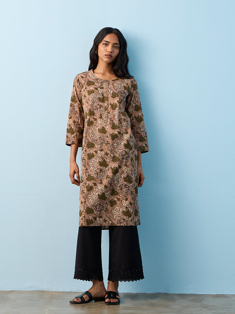 Utsa Brown Foliage Design Cotton Straight Kurta