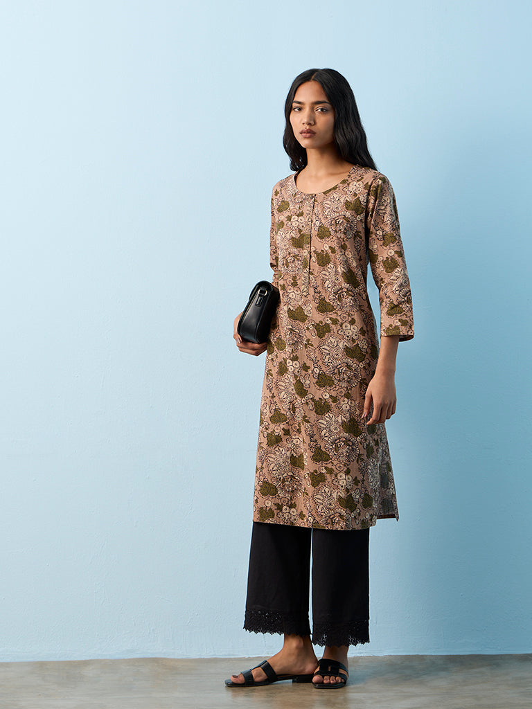 Utsa Brown Foliage Design Cotton Straight Kurta