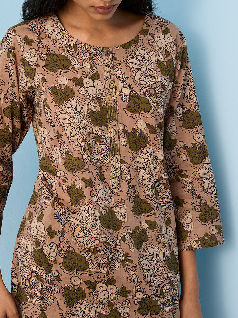 Utsa Brown Foliage Design Cotton Straight Kurta