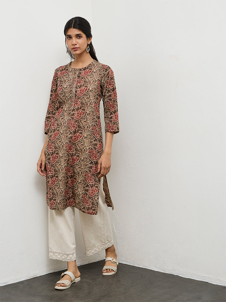 Utsa Brown Floral Printed Cotton Straight Kurta