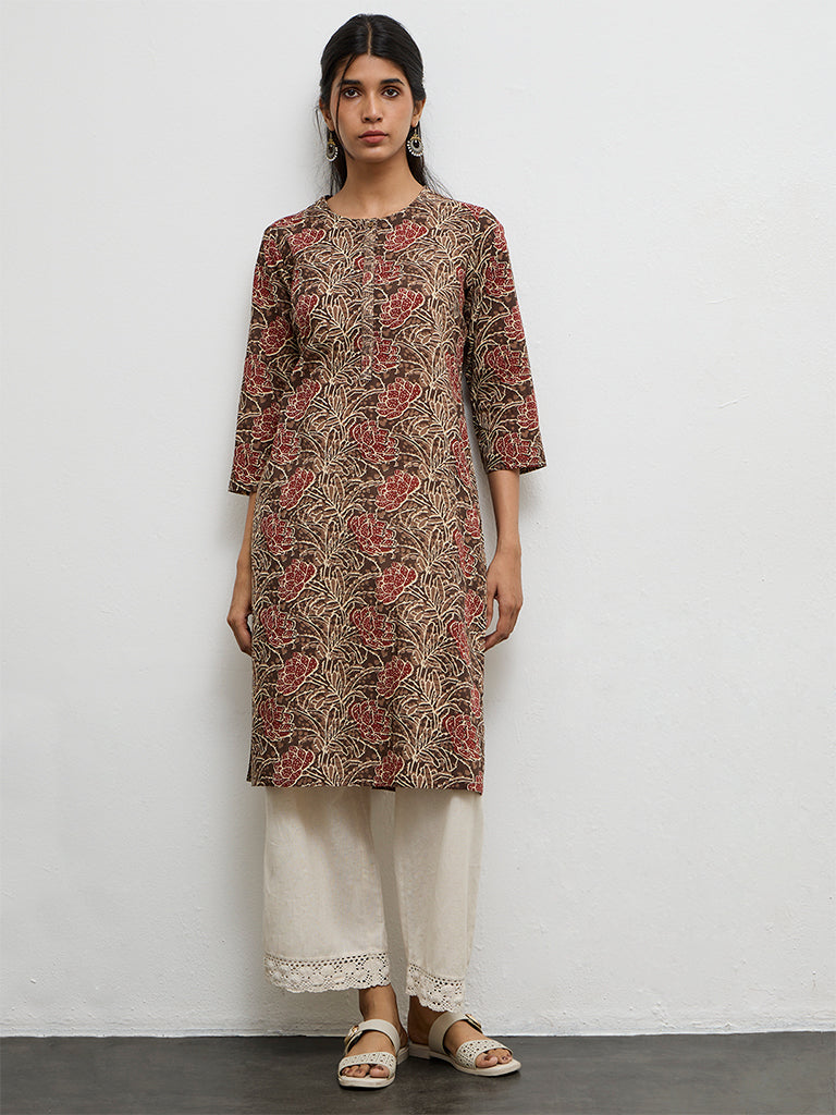 Utsa Brown Floral Printed Cotton Straight Kurta