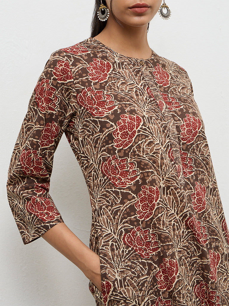 Utsa Brown Floral Printed Cotton Straight Kurta