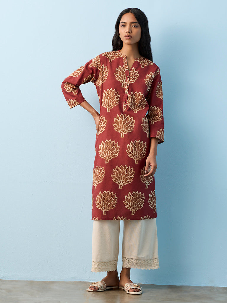 Utsa Maroon Leaf Printed Cotton Straight Kurta