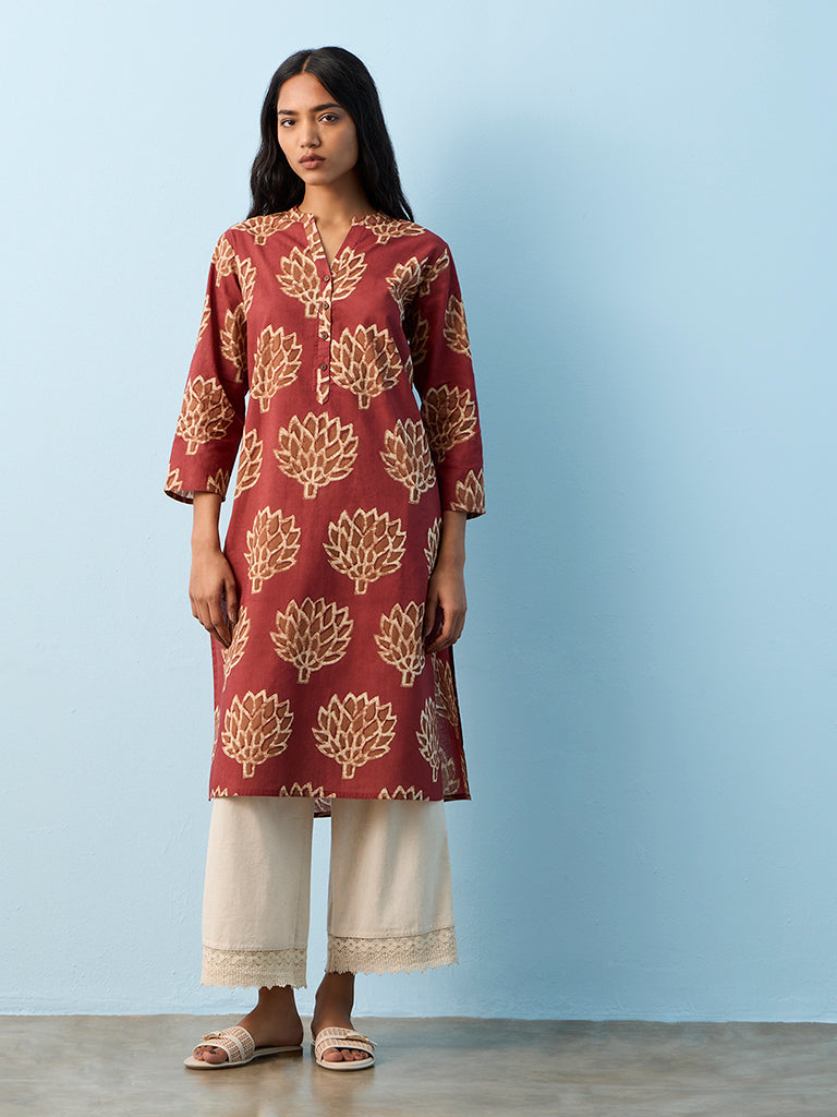 Utsa Maroon Leaf Printed Cotton Straight Kurta