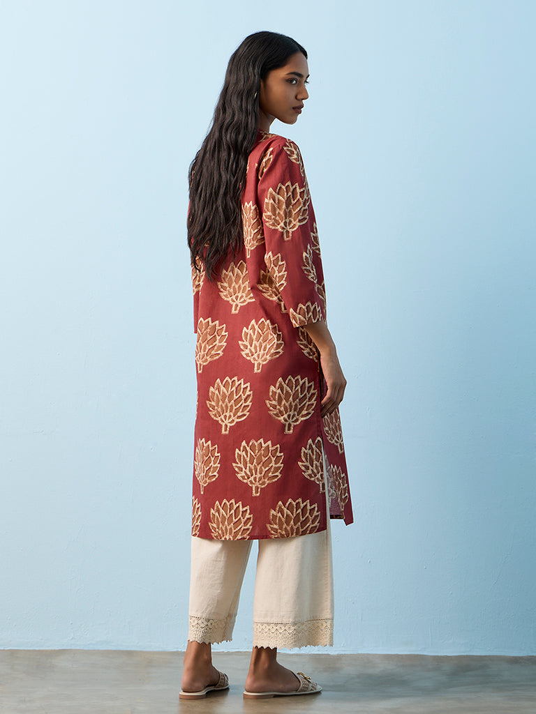 Utsa Maroon Leaf Printed Cotton Straight Kurta
