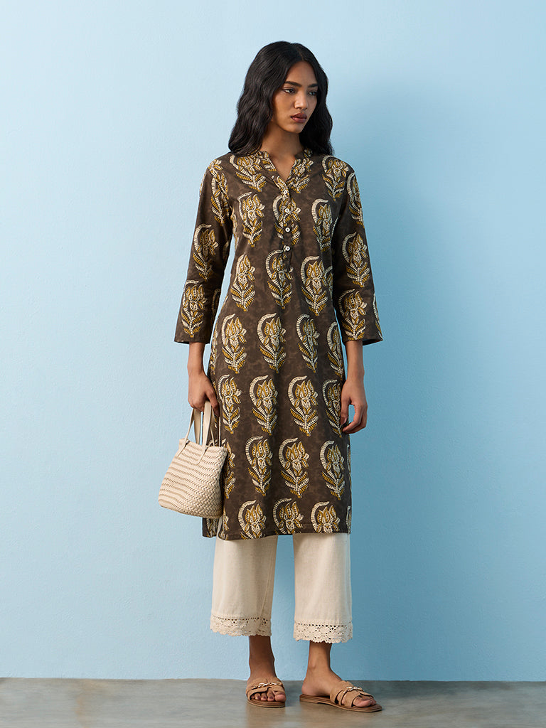 Utsa Brown Floral Pattern Cotton Straight Kurta