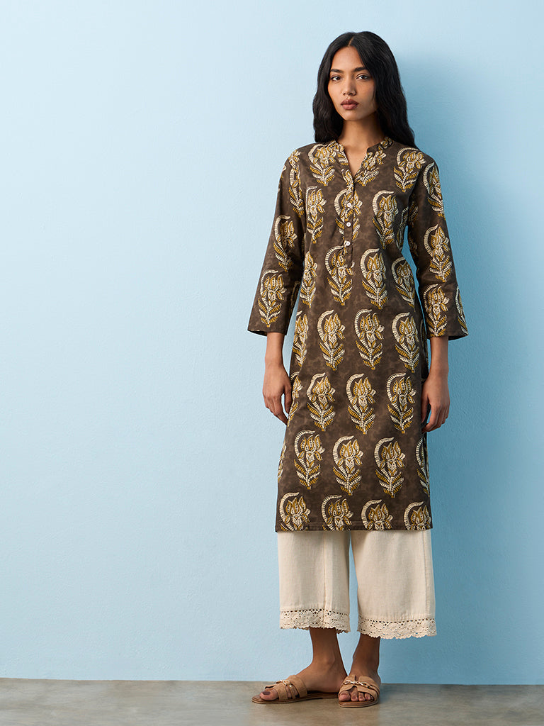 Utsa Brown Floral Pattern Cotton Straight Kurta