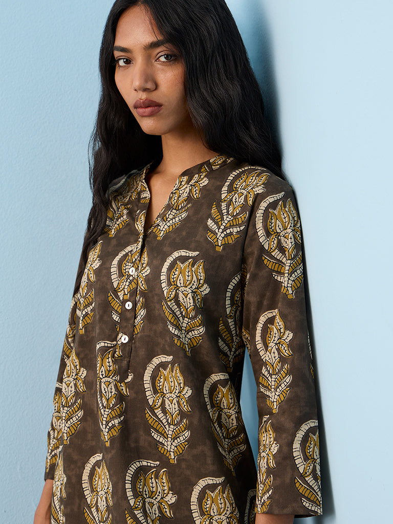 Utsa Brown Floral Pattern Cotton Straight Kurta