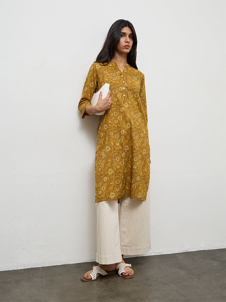Utsa Mustard Floral Printed Cotton Straight Kurta