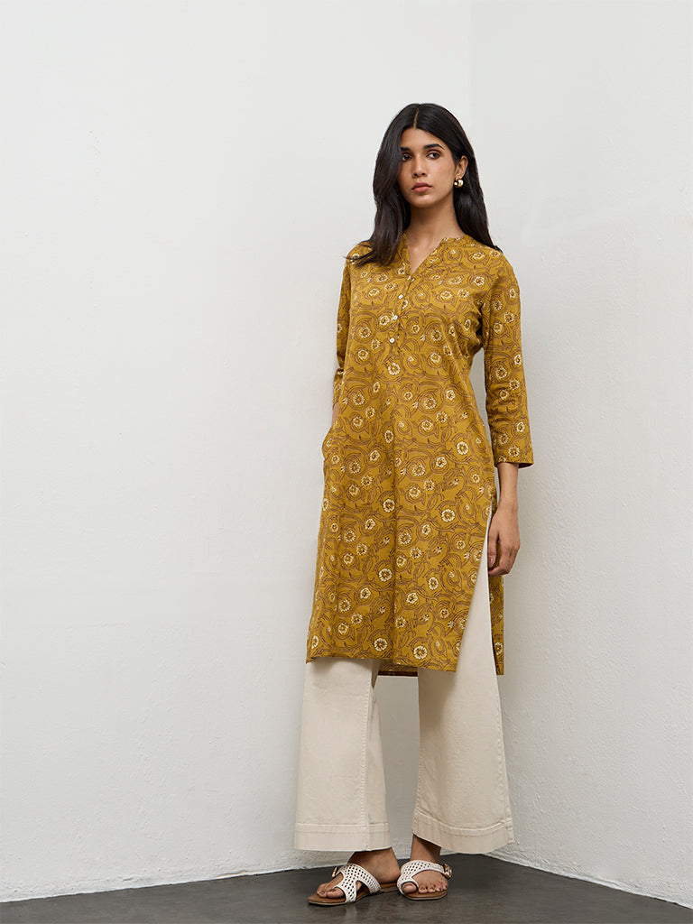 Utsa Mustard Floral Printed Cotton Straight Kurta