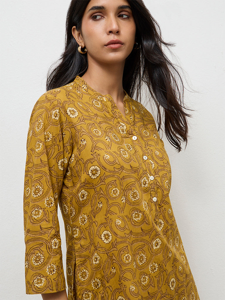 Utsa Mustard Floral Printed Cotton Straight Kurta