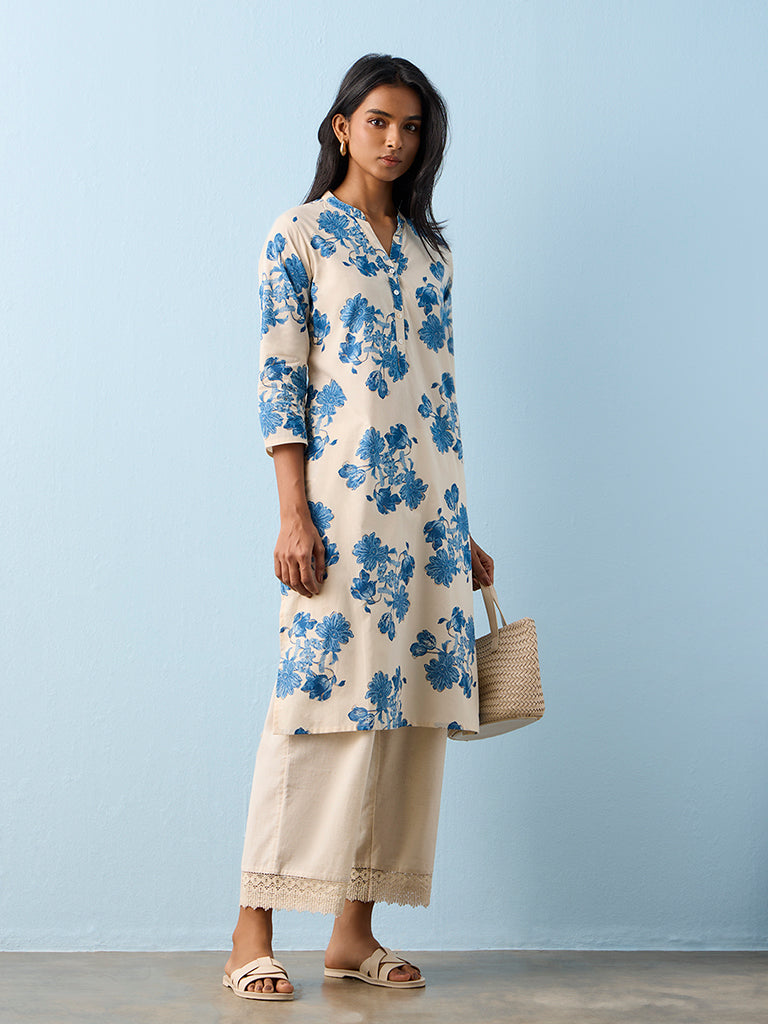 Utsa Indigo Floral Printed Cotton Straight Kurta