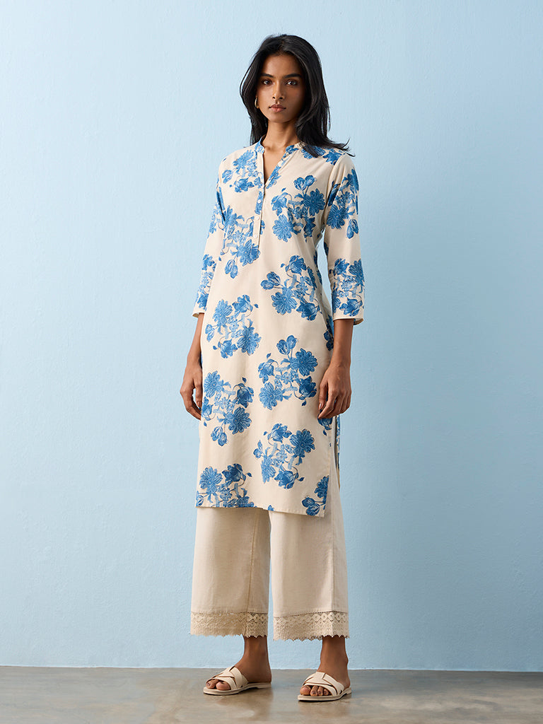 Utsa Indigo Floral Printed Cotton Straight Kurta