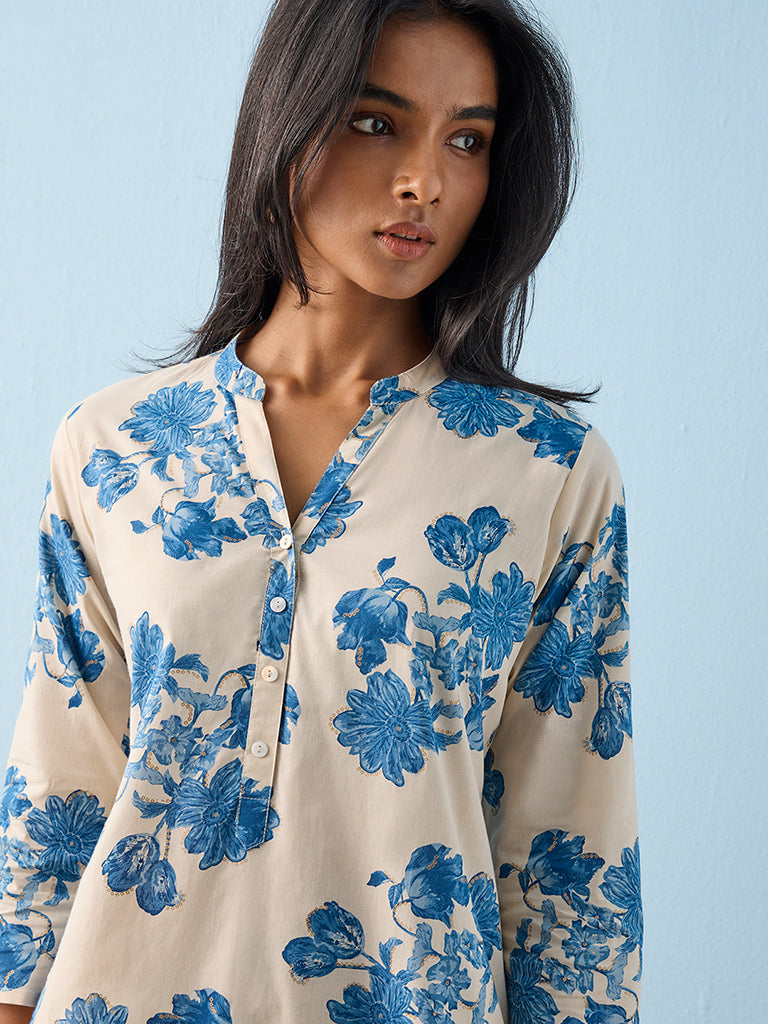 Utsa Indigo Floral Printed Cotton Straight Kurta