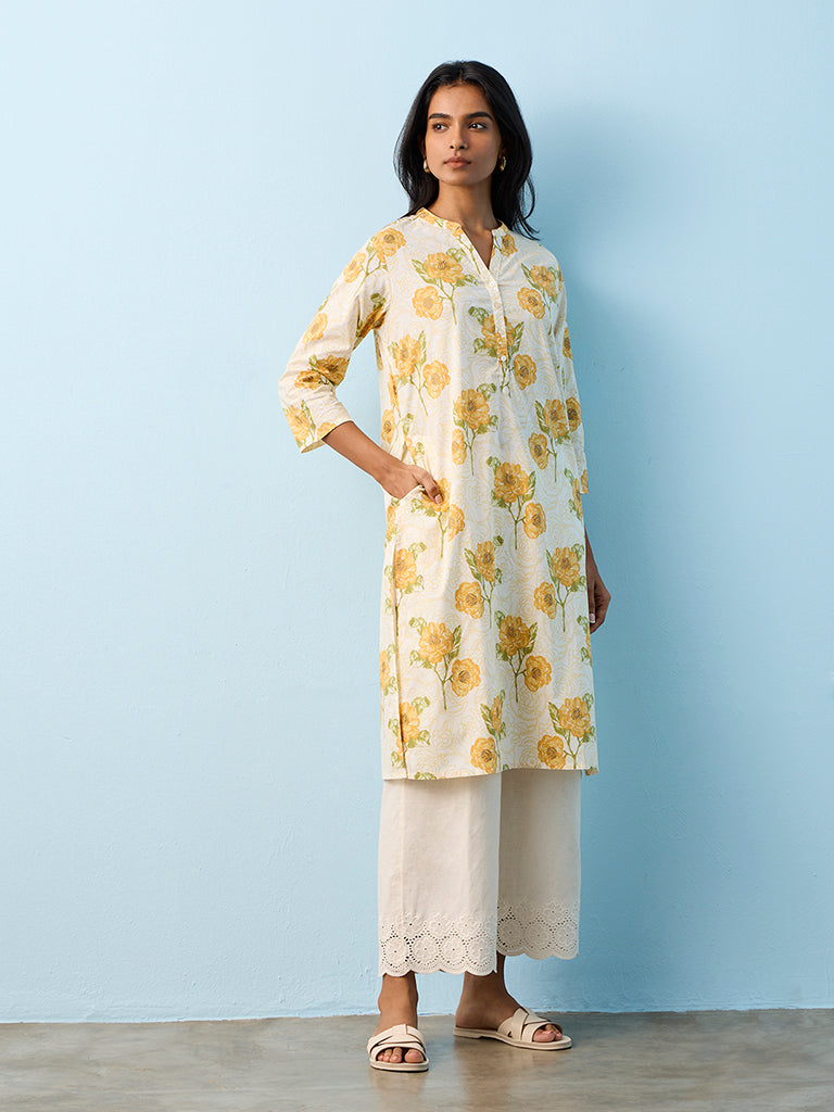 Utsa Yellow Floral Pattern Cotton Straight Kurta