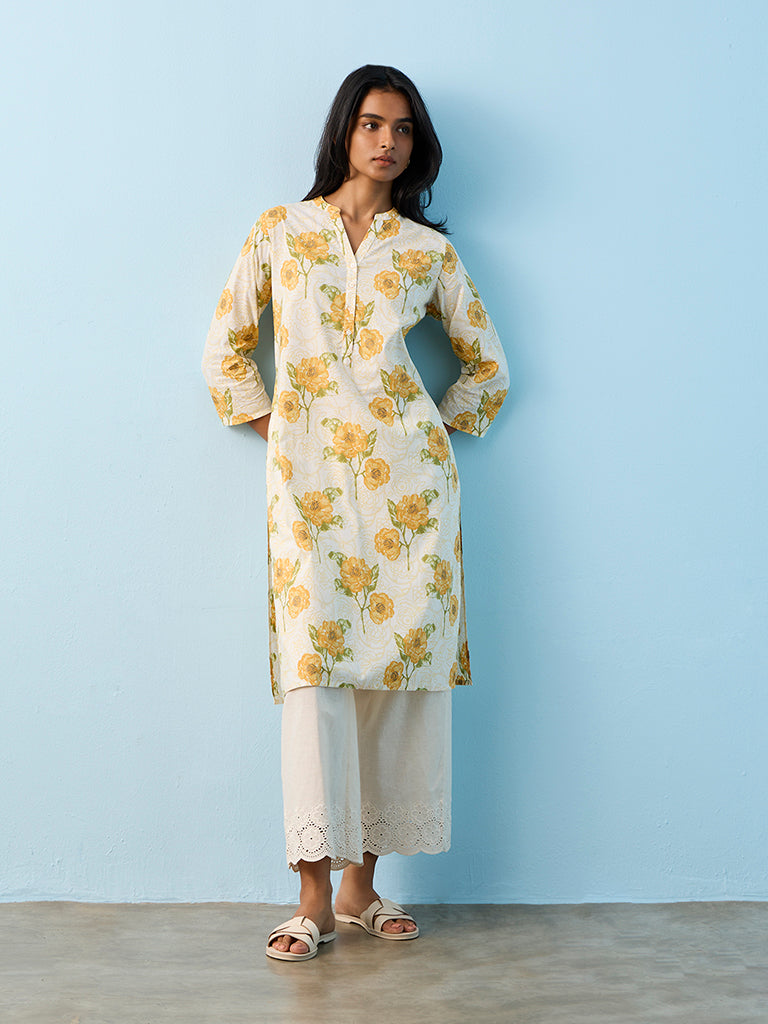 Utsa Yellow Floral Pattern Cotton Straight Kurta