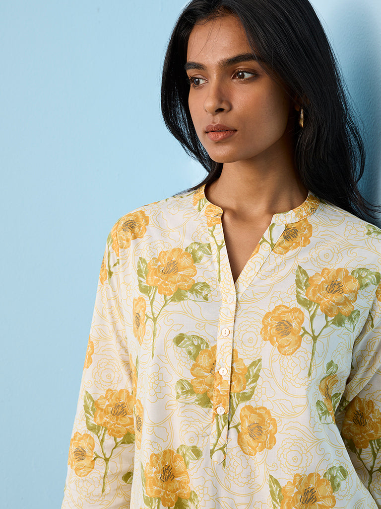 Utsa Yellow Floral Pattern Cotton Straight Kurta