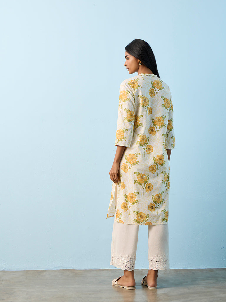 Utsa Yellow Floral Pattern Cotton Straight Kurta