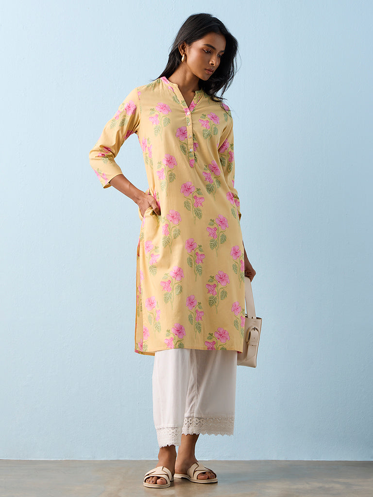 Utsa Yellow Floral Printed Cotton Straight Kurta