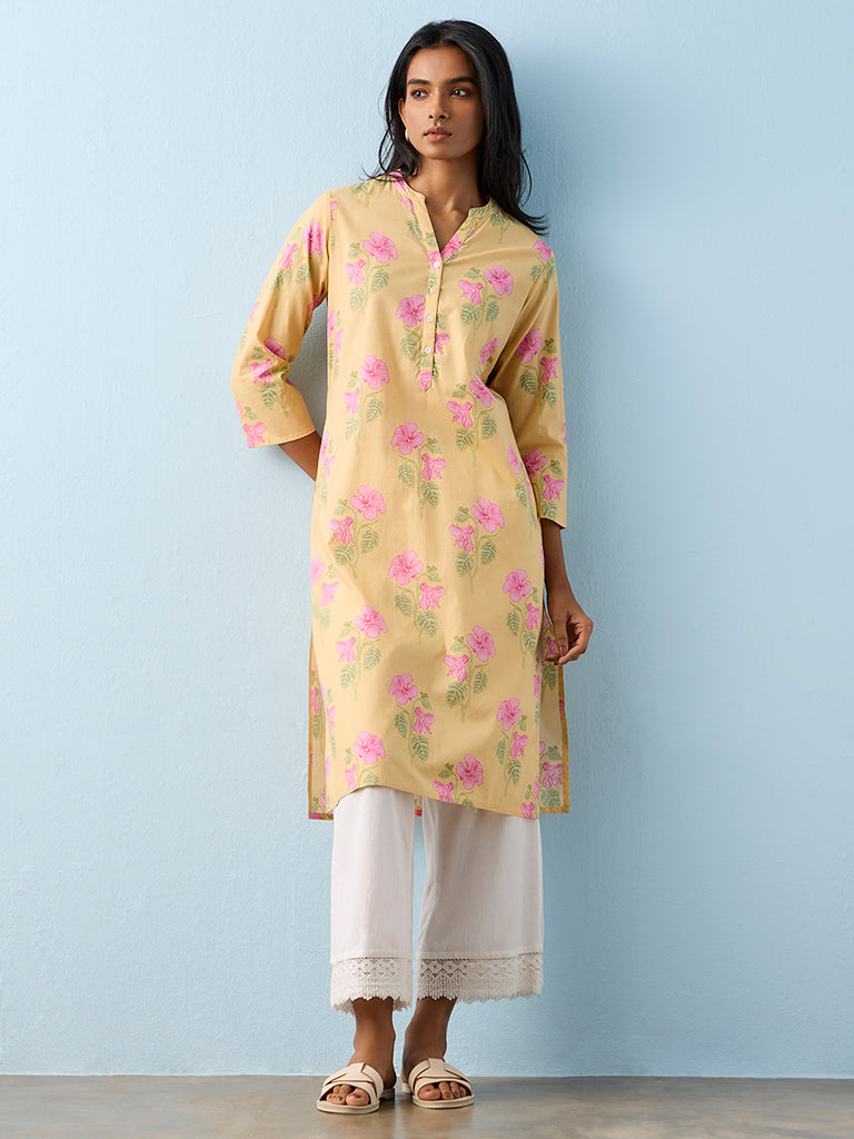Utsa Yellow Floral Printed Cotton Straight Kurta
