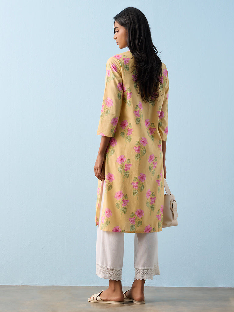 Utsa Yellow Floral Printed Cotton Straight Kurta