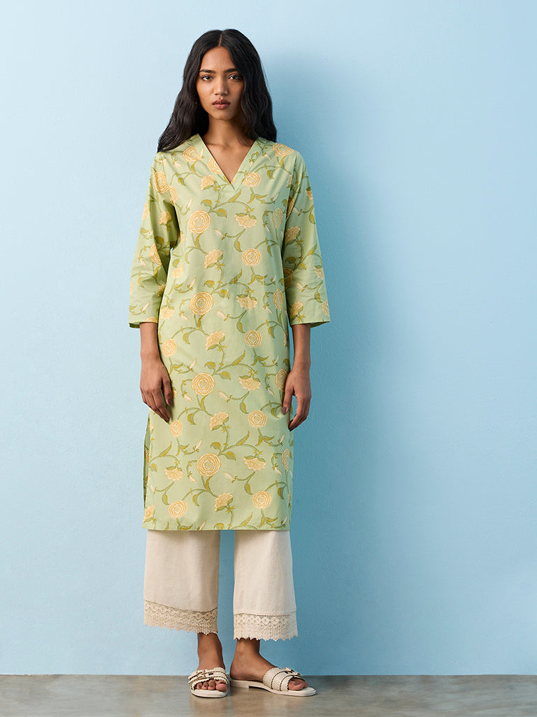 Utsa Green Botanical Printed Cotton Straight Kurta