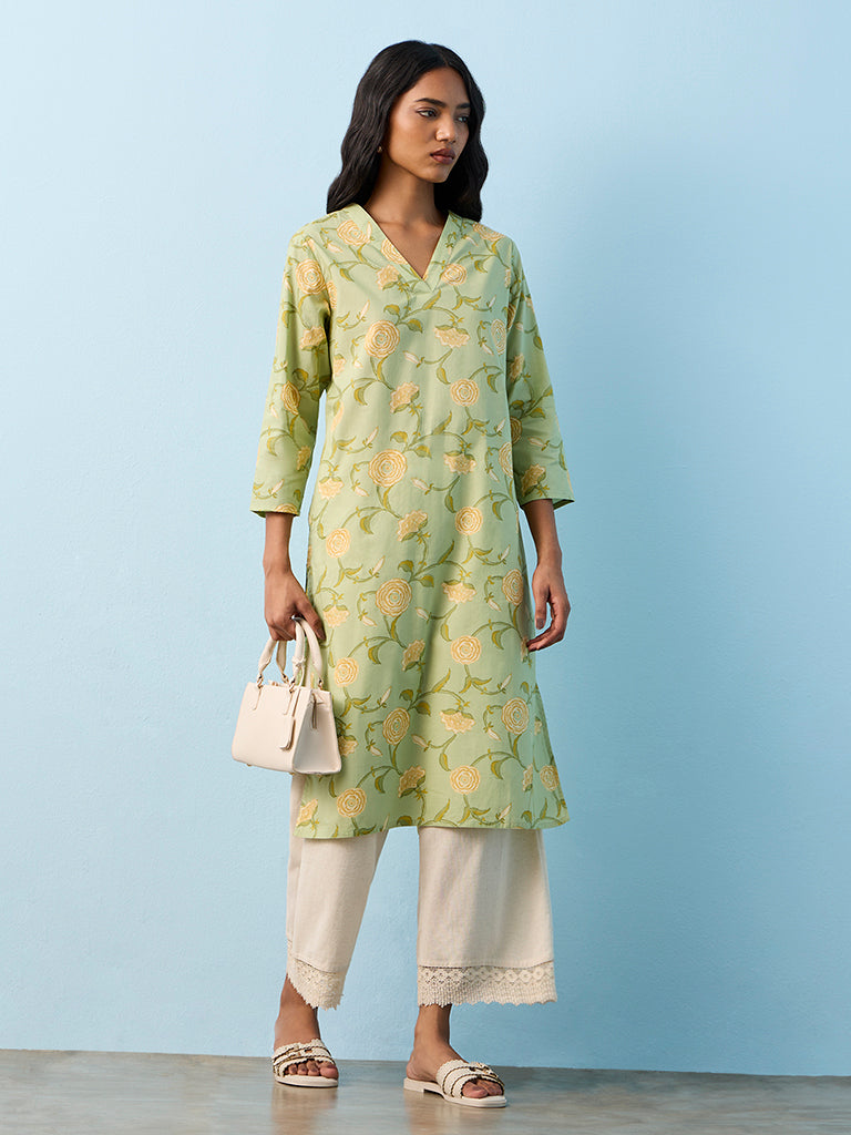 Utsa Green Botanical Printed Cotton Straight Kurta