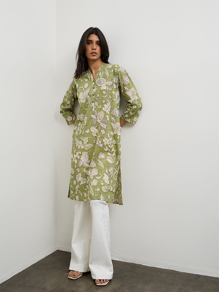 Utsa Green Floral Pattern Cotton Straight Kurta