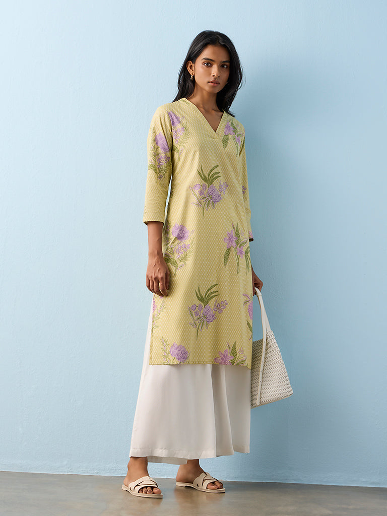 Utsa Lime Floral Printed Cotton Straight Kurta