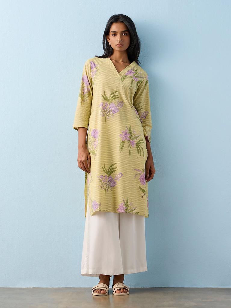Utsa Lime Floral Printed Cotton Straight Kurta