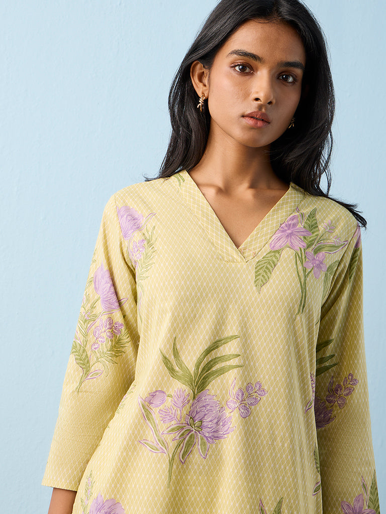 Utsa Lime Floral Printed Cotton Straight Kurta