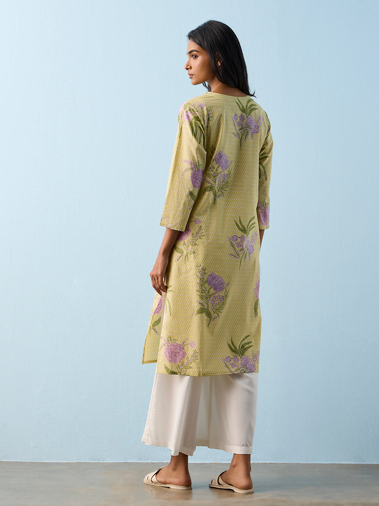 Utsa Lime Floral Printed Cotton Straight Kurta