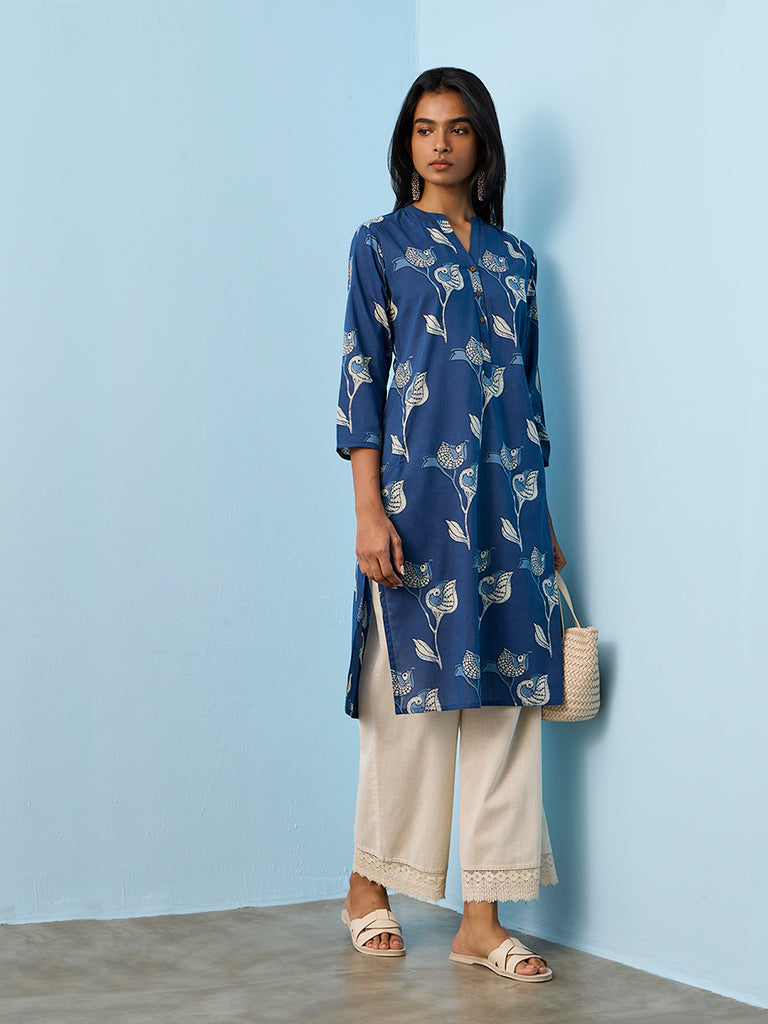 Utsa Indigo Bird Printed Cotton Straight Kurta