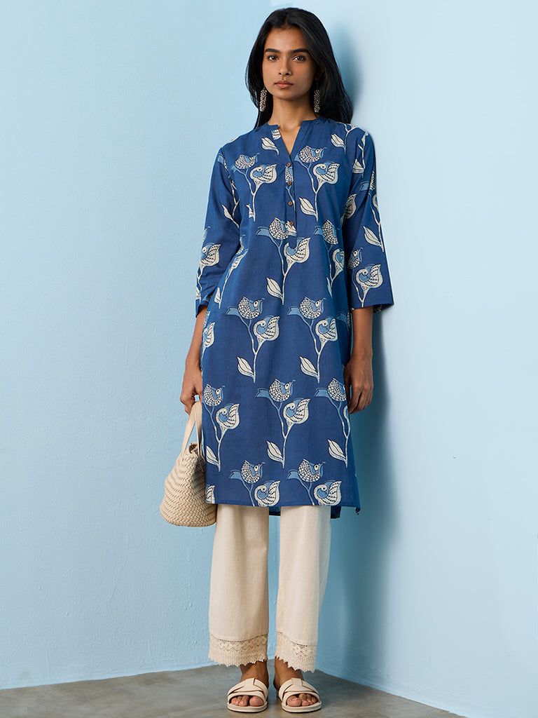 Utsa Indigo Bird Printed Cotton Straight Kurta