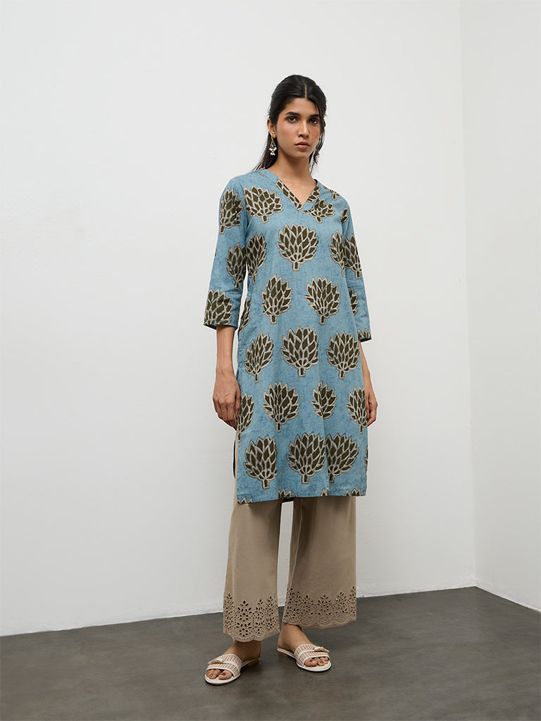 Utsa Teal Botanical Pattern Cotton Straight Kurta