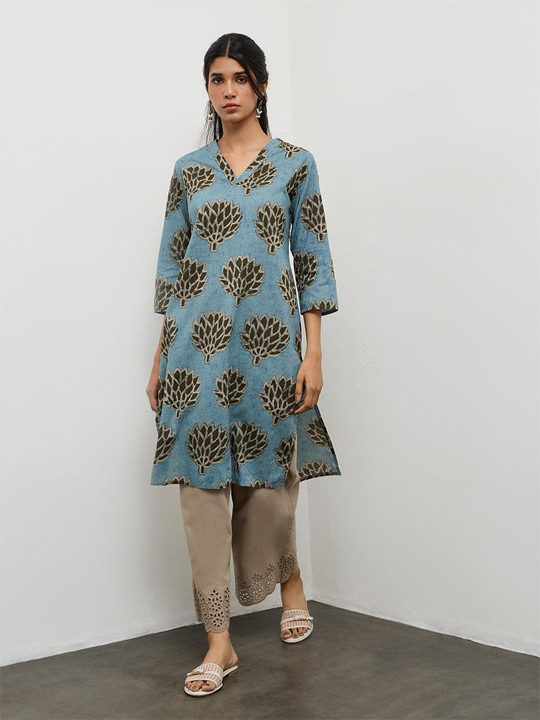 Utsa Teal Botanical Pattern Cotton Straight Kurta