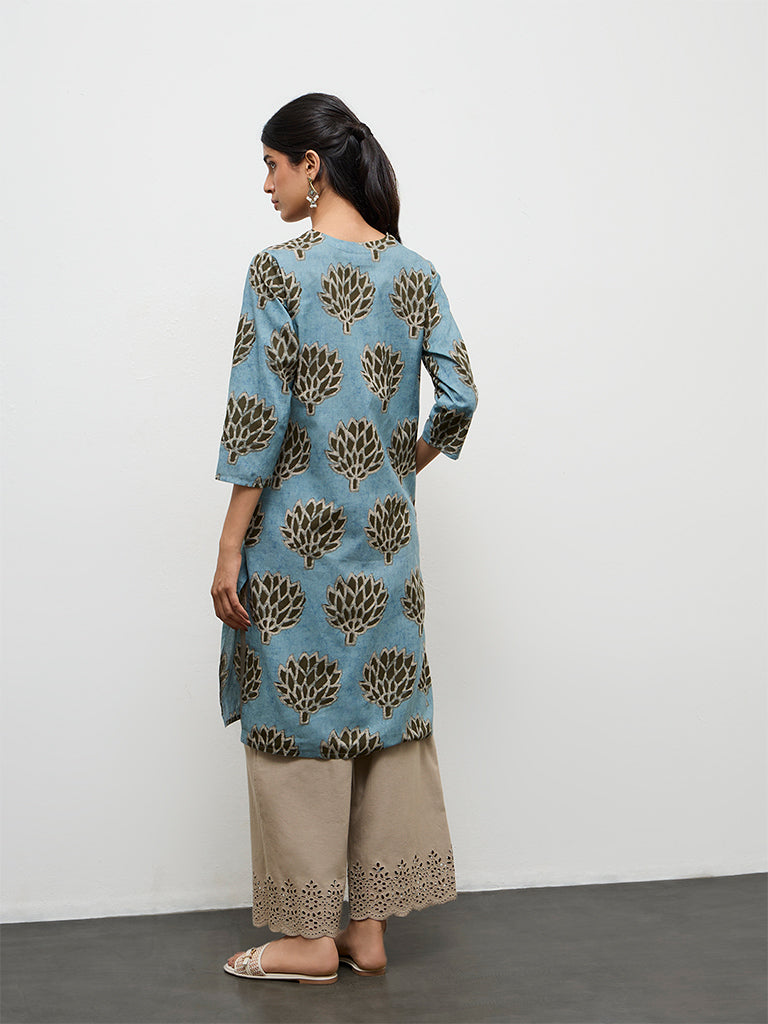 Utsa Teal Botanical Pattern Cotton Straight Kurta