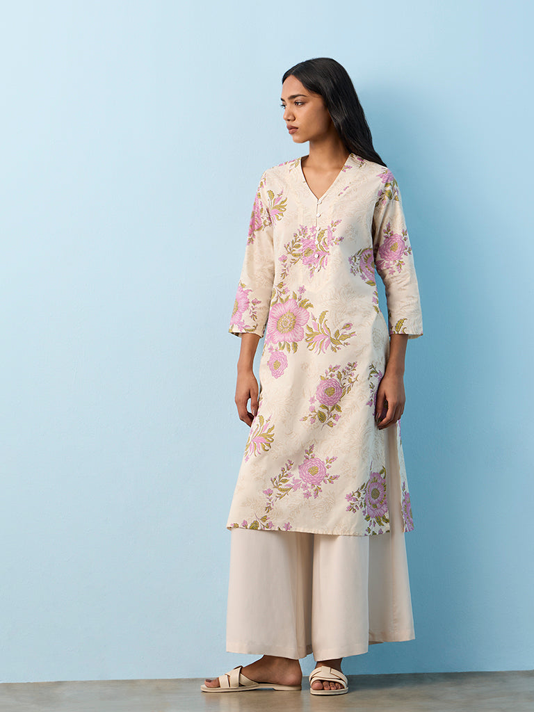Utsa Off-White Floral Design Cotton Straight Kurta