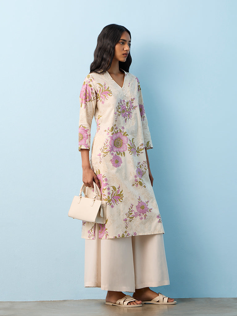Utsa Off-White Floral Design Cotton Straight Kurta